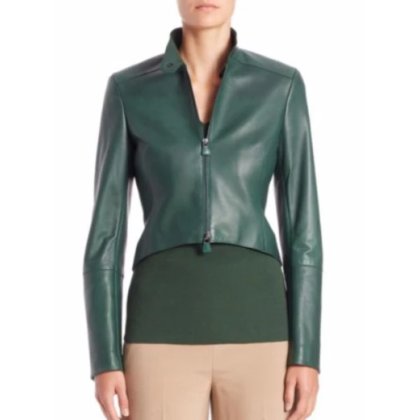 Long Sleeves Real Womens Designer Green Leather Jacket