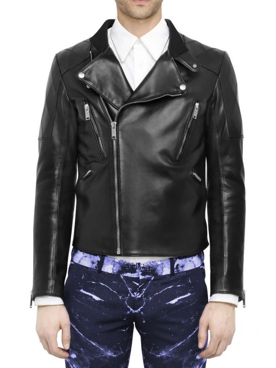 Men's Regular Fitted Black Leather Motorcycle Jacket