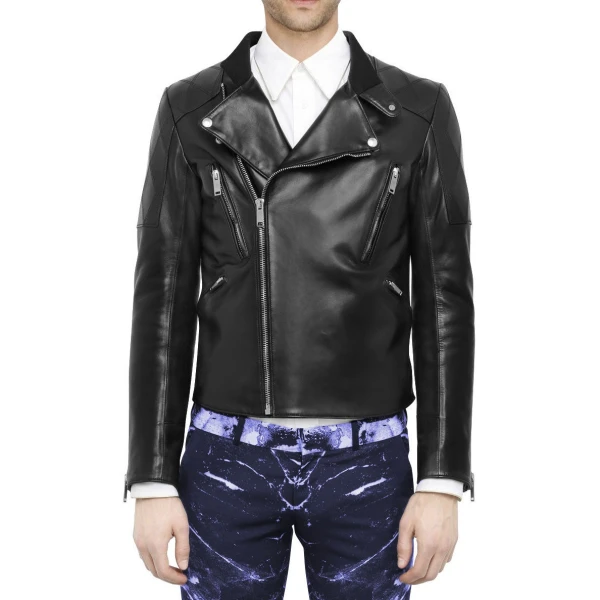 Mens Regular Fitted Black Leather Motorcycle Jacket