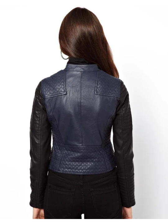 Moto Style Blue Leather Quilted Biker Jacket for Womens