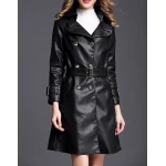 New Belted Double Breasted Black Leather Trench Coat for Women