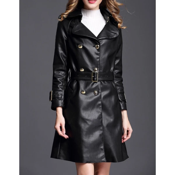 New Belted Double Breasted Black Leather Trench Coat for Women