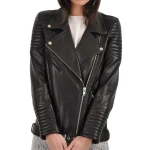 Soft Real Lambskin Black Leather Quilted Motorcycle Jacket for Womens