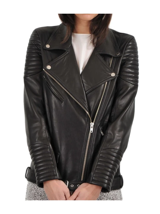 Soft Real Lambskin Black Leather Quilted Motorcycle Jacket for Womens