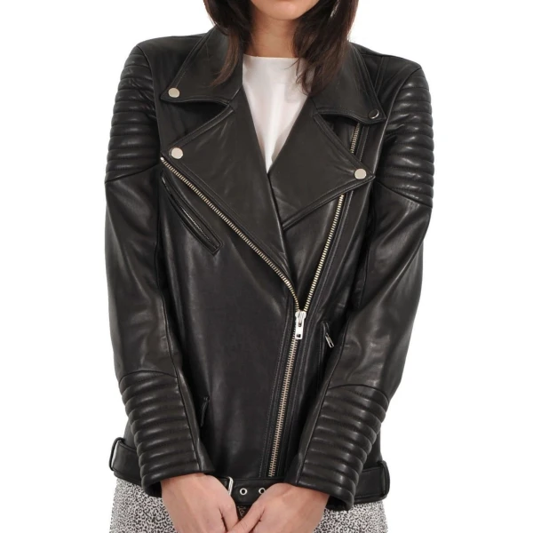 Soft Real Lambskin Black Leather Quilted Motorcycle Jacket for Womens