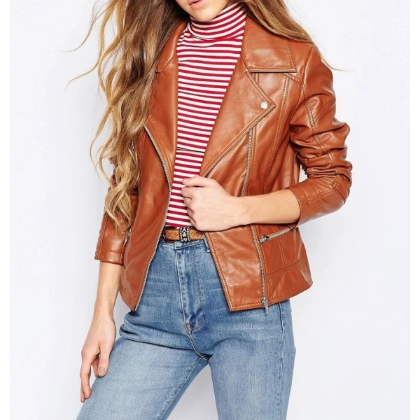 Stylish Womens Genuine Lambskin Brown Leather Motorcycle Jacket