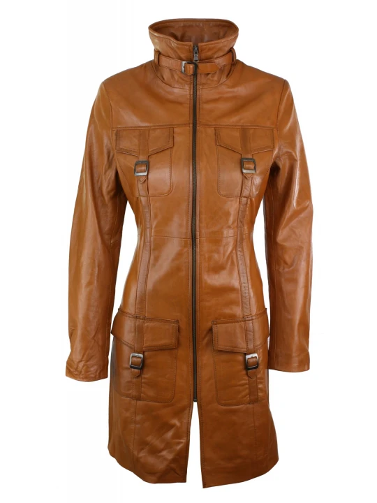 Vintage Tan Brown Real Leather Coat for Ladies
