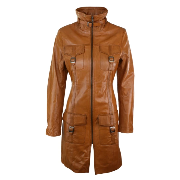 Vintage Tan Brown Real Leather Coat for Ladies