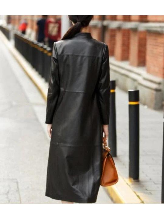 Women Fashion Real Leather Long Trench Winter Coat