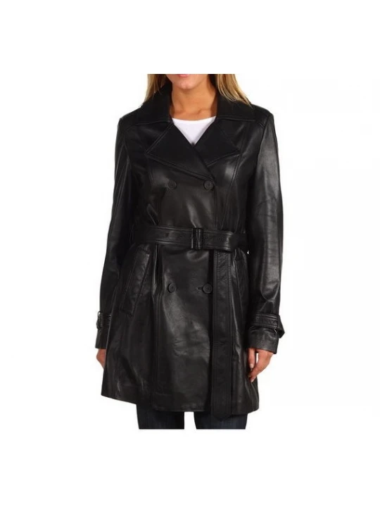 Women Soft Lambskin Black Leather Trench Coat
