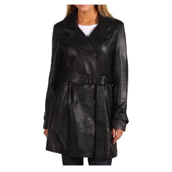 Women Soft Lambskin Black Leather Trench Coat