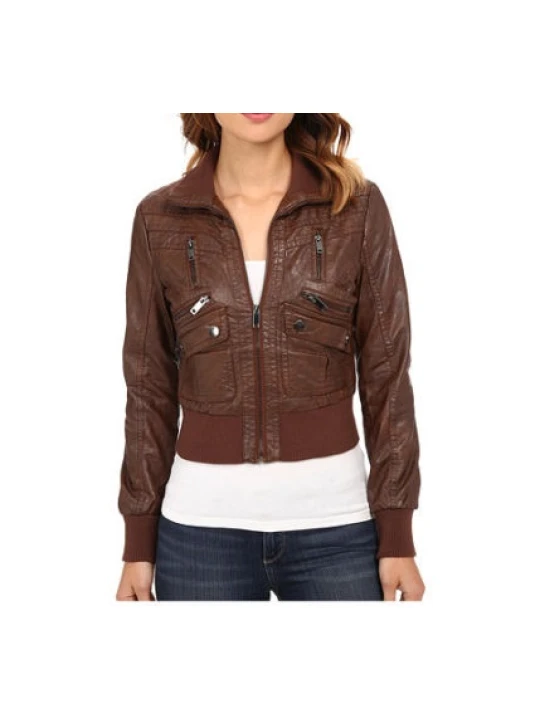 Womens Cropped Brown Leather Bomber Jacket