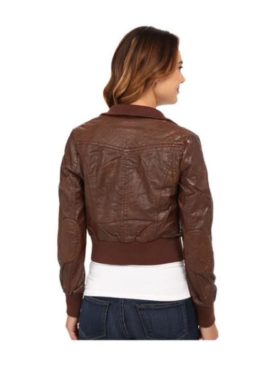 Womens Cropped Brown Leather Bomber Jacket