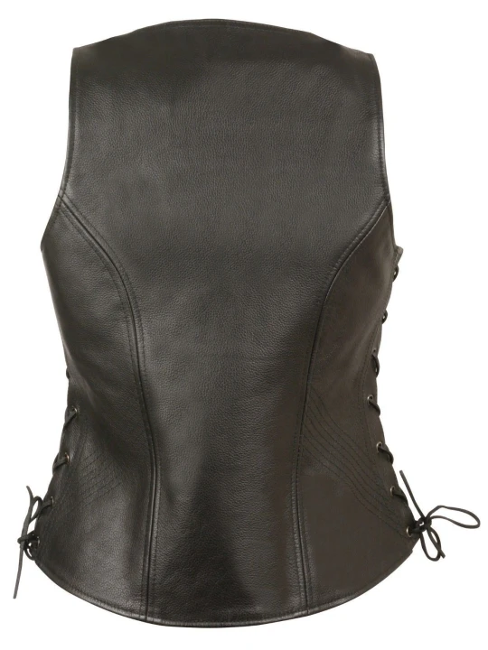 Womens Open Neck Sidelace Black Motorcycle Leather Vest
