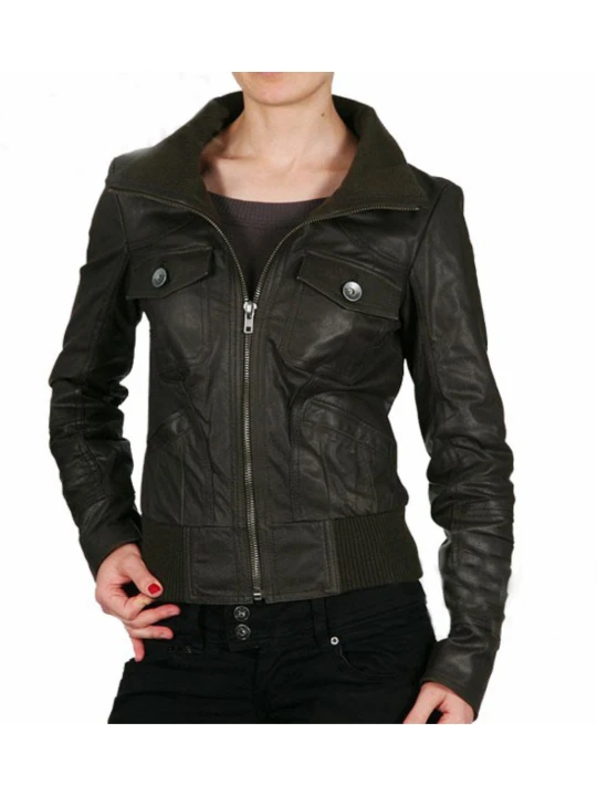 Womens Real Black Leather Bomber Jacket