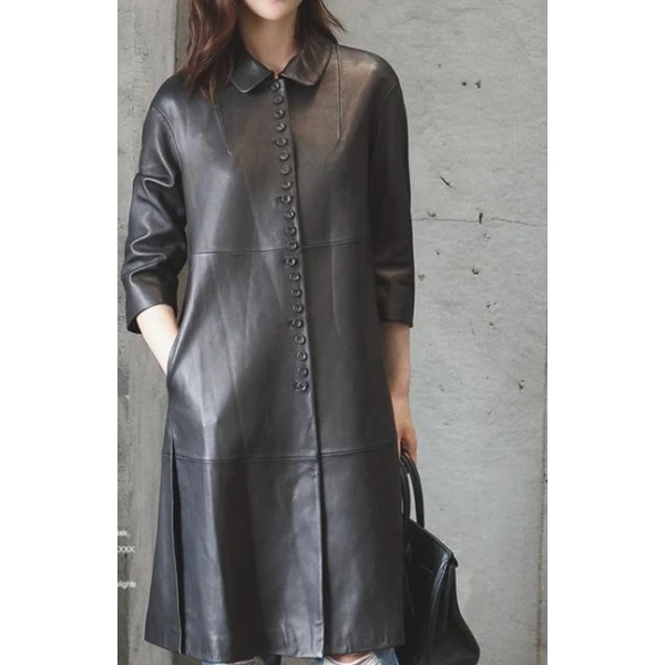 Womens Real Lambskin Black Leather Long Trench Overcoat
