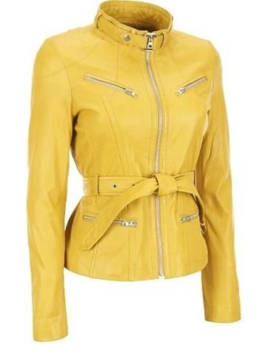 Womens Western Sheepskin Yellow Leather Biker Jacket