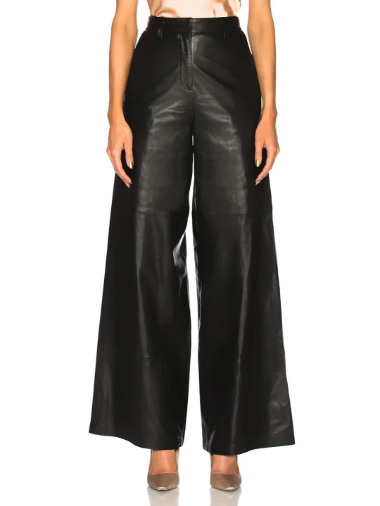 Ankle Length Wide Leg High Waisted Leather Trousers Pants for Women