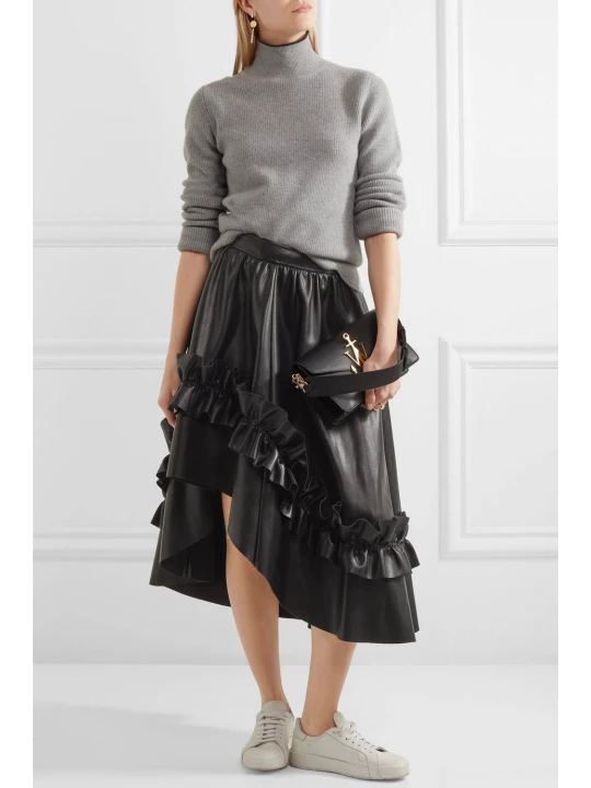 Asymmetric Ruffle-trimmed Real Black Leather Midi Skirt for Women