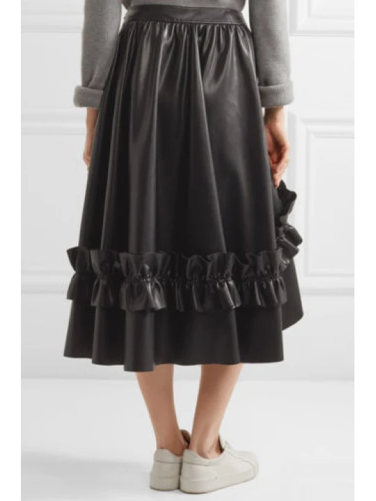 Asymmetric Ruffle-trimmed Real Black Leather Midi Skirt for Women