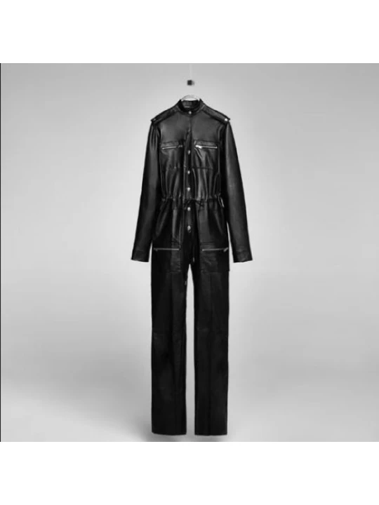 Elegant Womens Black Going Out Leather Jumpsuit