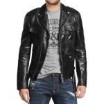 Front Pockets Mens Genuine Black Leather Biker Jacket