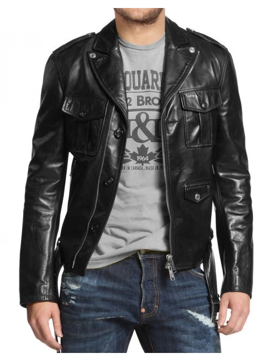 Front Pockets Mens Genuine Black Leather Biker Jacket