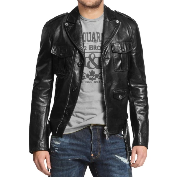 Front Pockets Mens Genuine Black Leather Biker Jacket