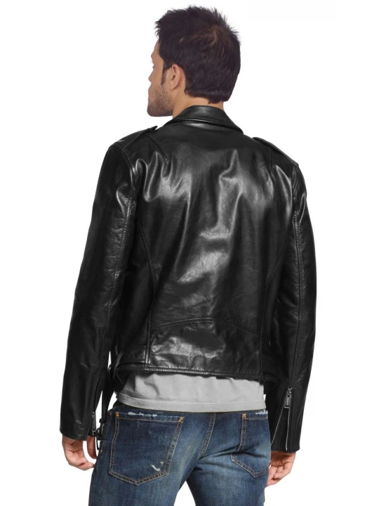 Front Pockets Mens Genuine Black Leather Biker Jacket