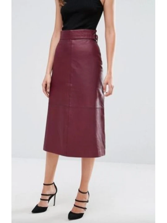 Ladies Burgundy Leather Straight Long Midi Skirt Outfit