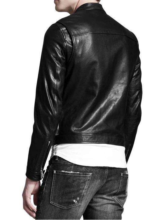 Mens Genuine Lambskin Black and White Sport Leather Jacket