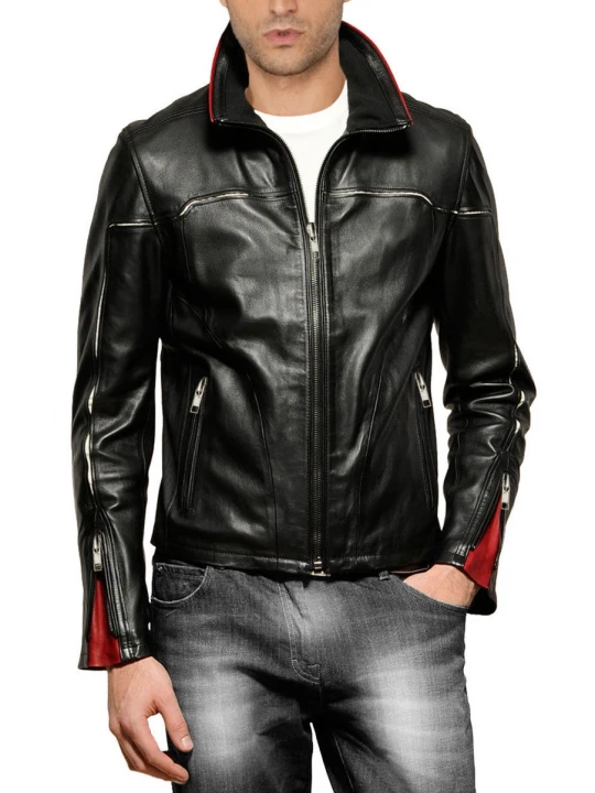 Mens Classic Style Black and Red Leather Jacket