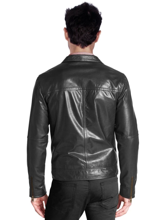Modern Mens Black Leather Jacket with Notch Collar