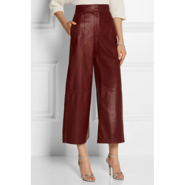 New Fashion Womens Burgundy Leather Culottes Trousers Pants