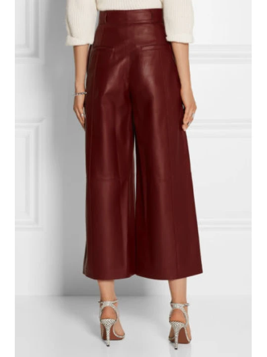 New Fashion Womens Burgundy Leather Culottes Trousers Pants