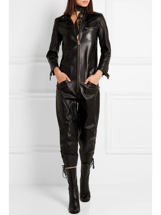 New Trend Ladies Dressy black Lace-up Leather Jumpsuits