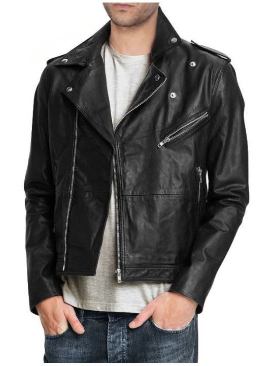 Pure Black Leather Motorcycle Jacket for Men Biker