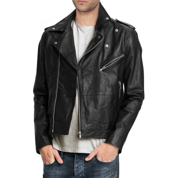 Pure Black Leather Motorcycle Jacket for Men Biker