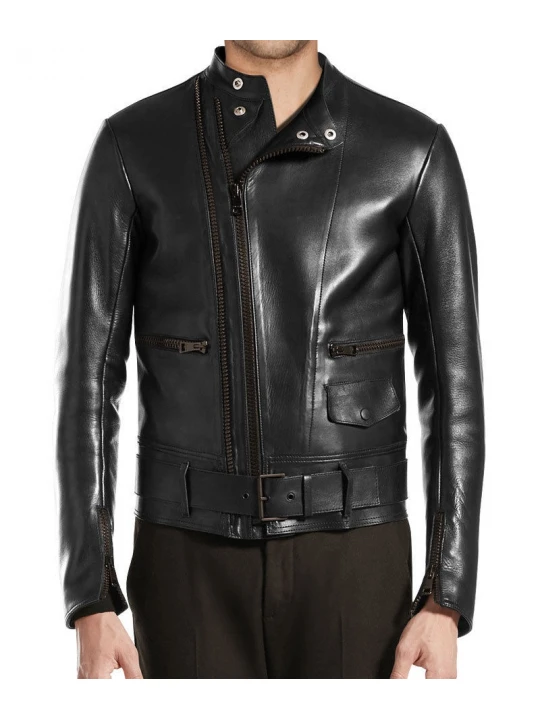 Simple Lightweight Black Leather Riding Jacket for Men