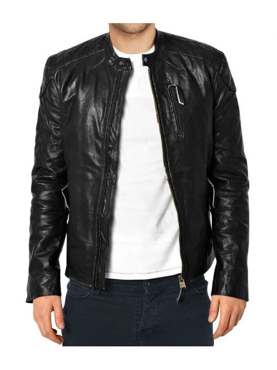 Thin Mens Black Leather Biker Style Jacket