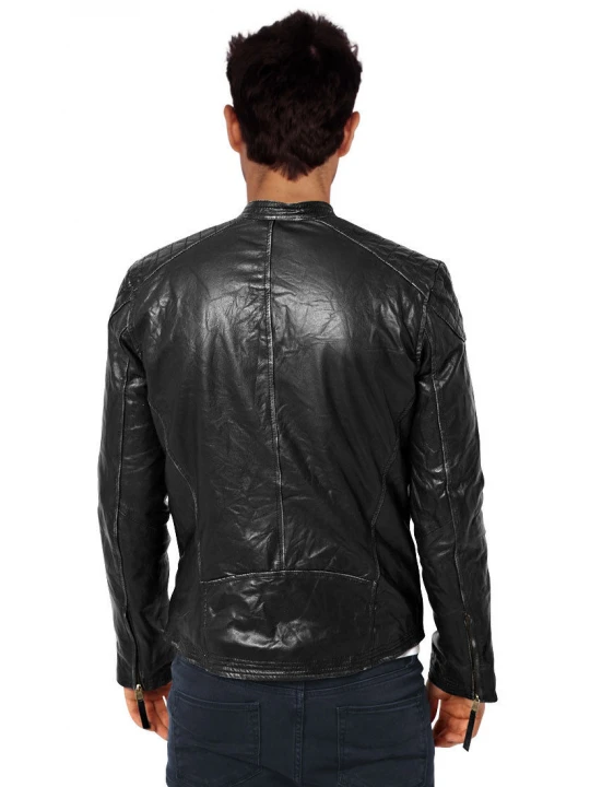 Thin Mens Black Leather Biker Style Jacket