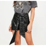 Women Black Studded Belt High Waisted Pure Black Leather Shorts