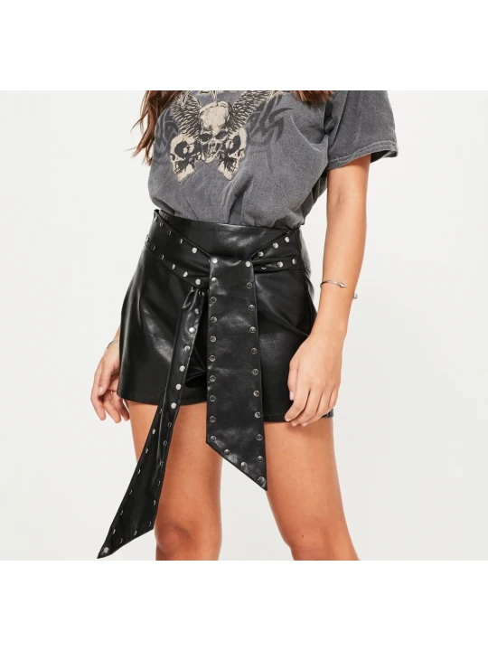 Women Black Studded Belt High Waisted Pure Black Leather Shorts