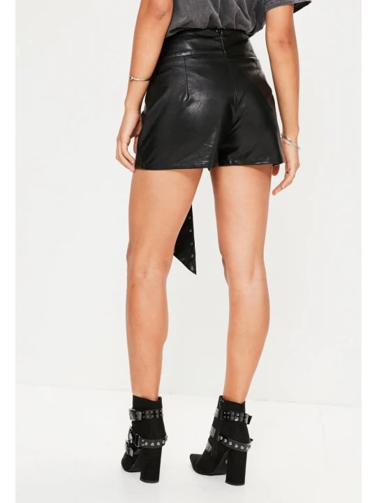 Women Black Studded Belt High Waisted Pure Black Leather Shorts