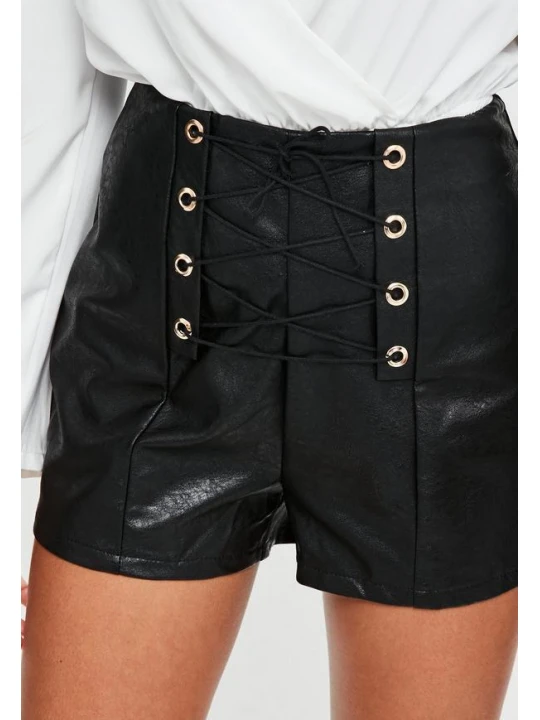 Women Loose High Waisted Black Beaded Hem Leather Eyelet Shorts