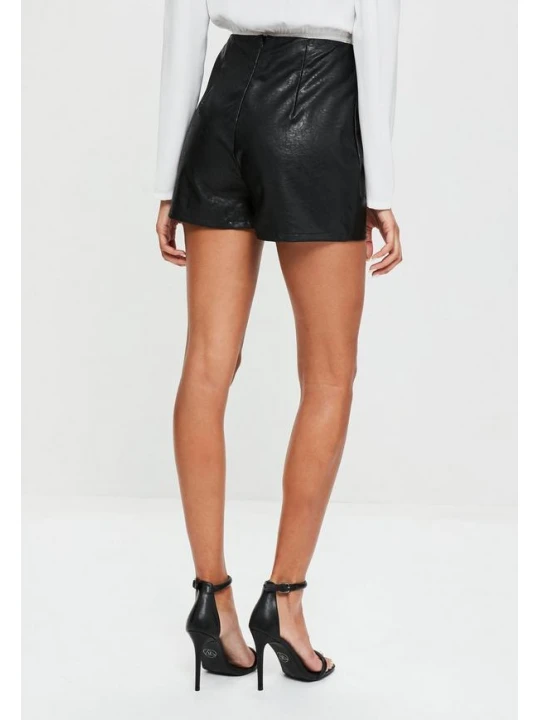 Women Loose High Waisted Black Beaded Hem Leather Eyelet Shorts