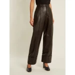 Womens High Rise Dark Brown Leather Trousers Pants