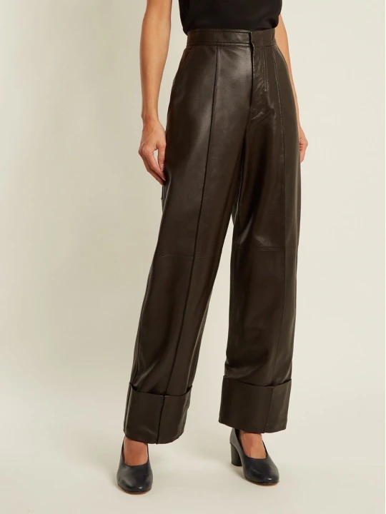 Womens High Rise Dark Brown Leather Trousers Pants