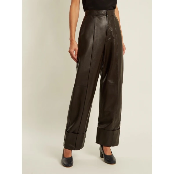 Womens High Rise Dark Brown Leather Trousers Pants