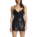 Womens High Waisted Black Spaghetti Strap Leather Shorts